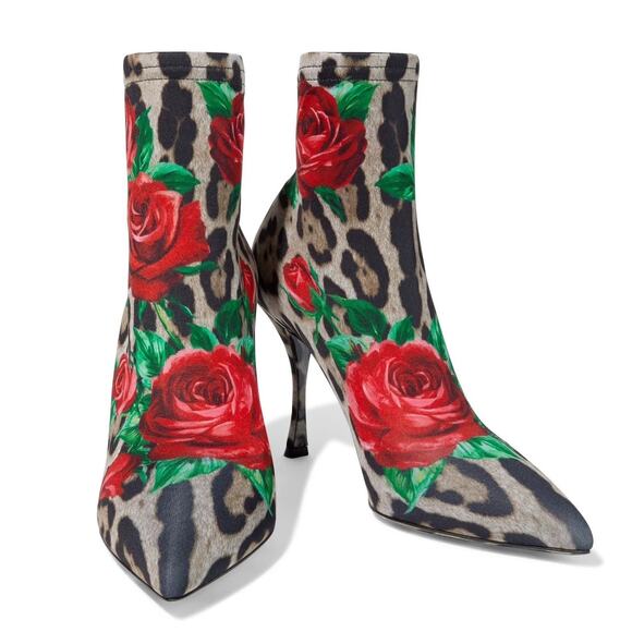 Dolce & Gabbana Floral Leopard Rose Print Stretch booties boots Tan Red 35 - Picture 3 of 8